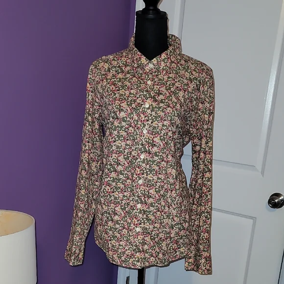J Crew Women's Perfect Shirt Flower Design half button down L/S shirt Sz: Large - Picture 3 of 8